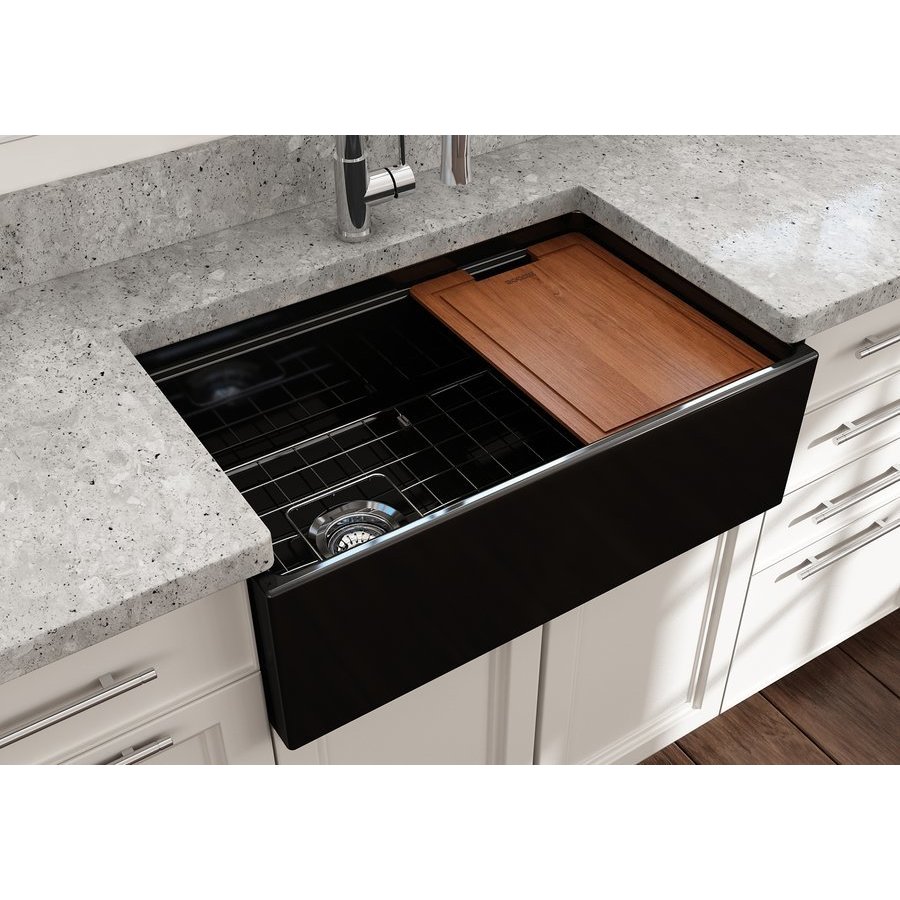 Matte Black Fireclay 33 in. Single Bowl Farmhouse Apron Workstation Kitchen  Sink with Bottom Grid and Strainer