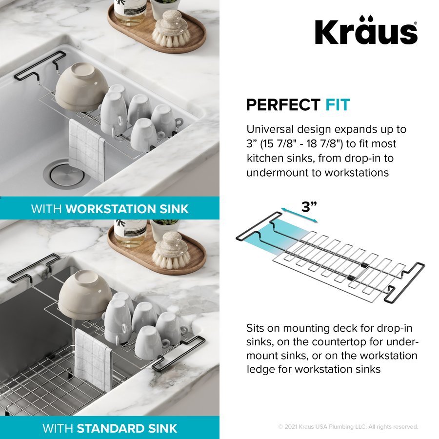 Kraus KCD-2 15.87 to 18.87 in. Multipurpose Stainless Steel Kitchen Sink Large Drying Rack - Sponge Holder, Sink Caddy with Towel Bar
