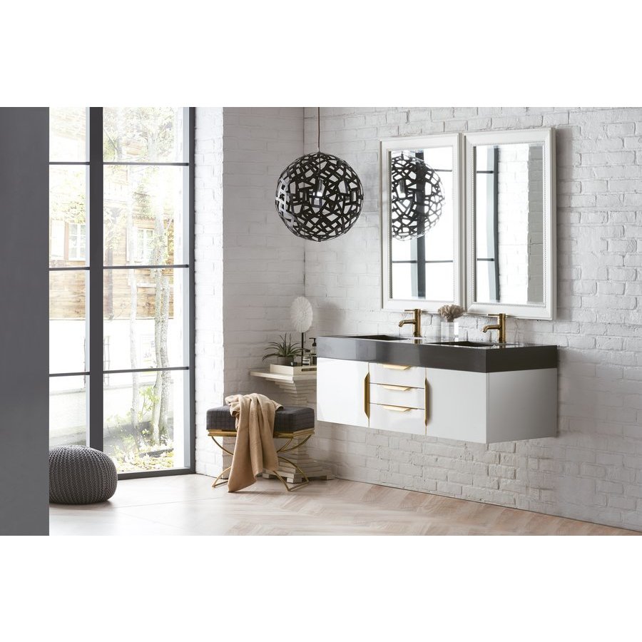 James Martin 389-V59D-GW-G-DGG, 59 Inch Mercer Island Double Faucet Vanity  with Glossy Dark Gray Top and Radiant Gold Hardware, Glossy White
