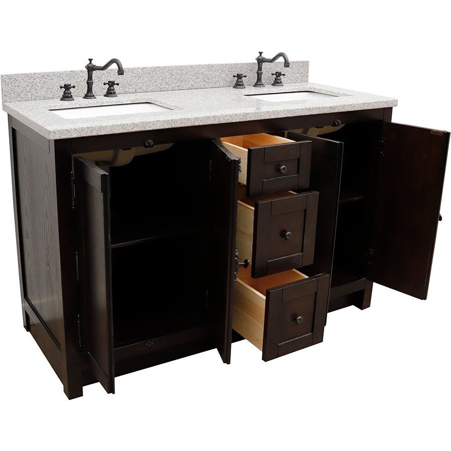 Bellaterra 55 Inch Double Sink Bathroom Vanity Brown Ash With Rectangle Sink Gray Granite Top 400100 55 Ba Gy Keats Castle