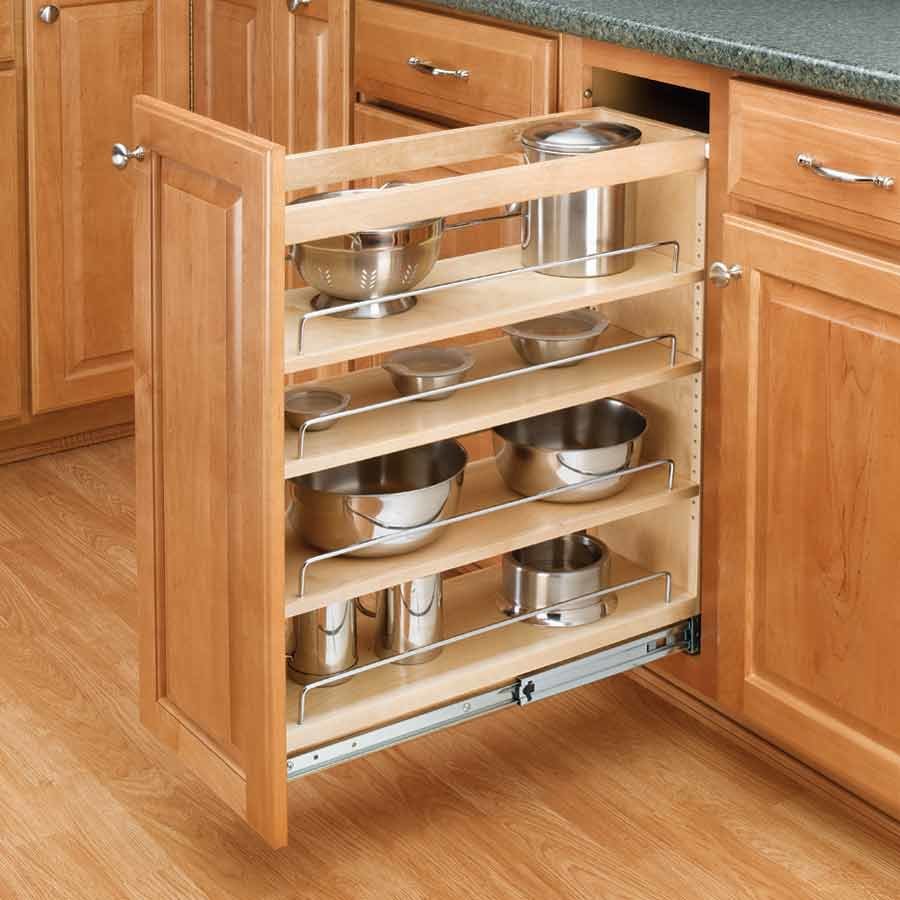 Rev-A-Shelf 448-BC19-5C 5 inch x 19 inch Pull Out Wood Base Kitchen Cabinet Organizer with 3 Adjustable Shelves, Natural Maple