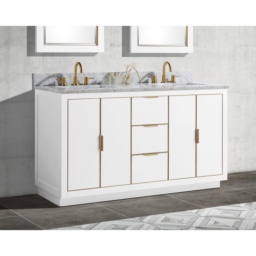 Avanity 61 Inch Austen Double Sink Vanity White With Matte Gold Trim And Carrara White Marble Top Austen Vs61 Wtg C Keats Castle