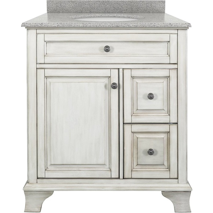Foremost 31 Inch Width Corsicana Single Sink Bathroom Vanity With Rushmore Grey Granite Top Antique White Cnawvt3122d Rg Keats Castle