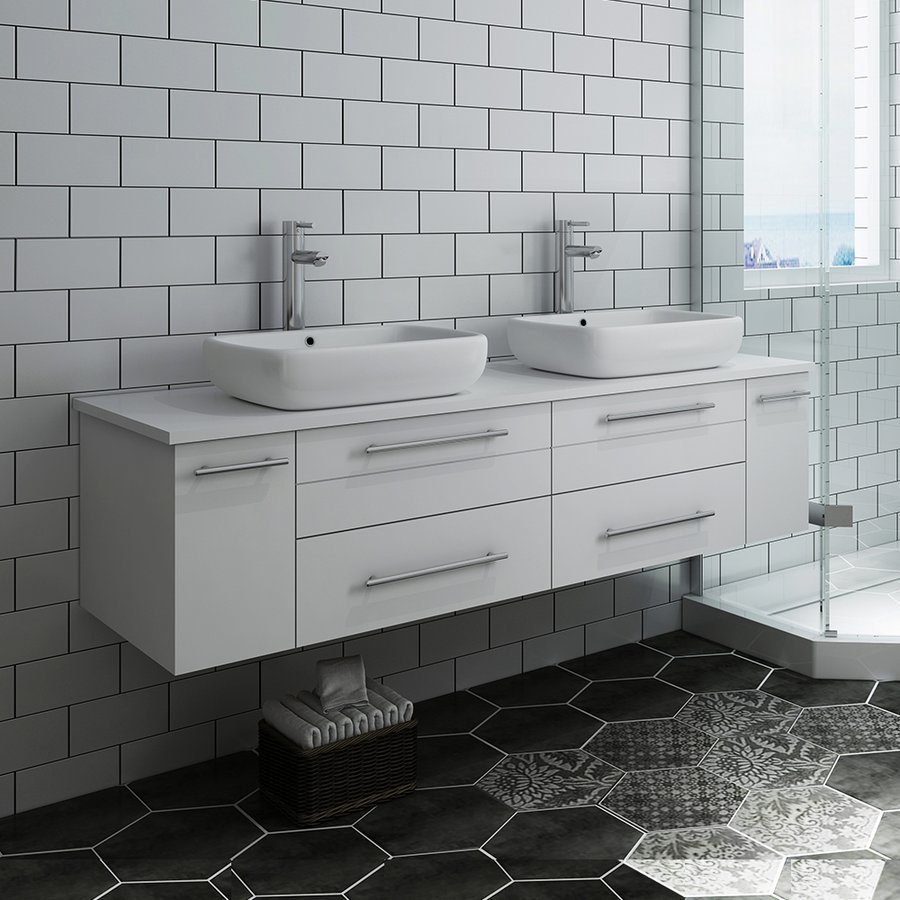 Fresca 60 Inch Lucera Double Sink Floating Vanity With Top And Vessel Sink White Fcb6160wh Vsl D Cwh V Keats Castle