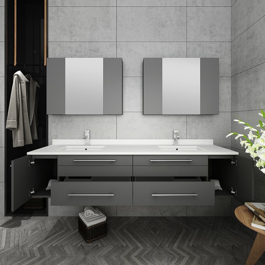 Fresca Torino 72 Gray Modern Double Sink Bathroom Vanity w/ Side Cabinet & Vessel Sinks