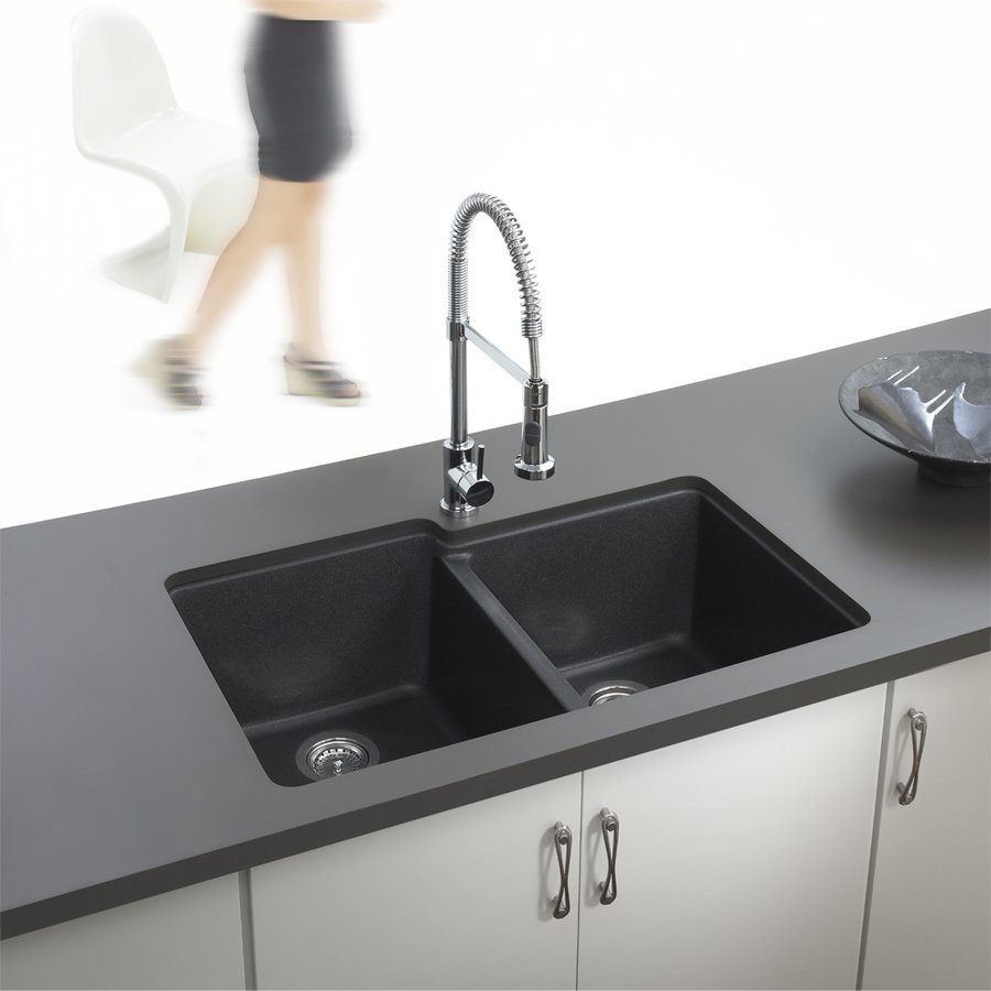 33-Inch Drop-In Granite 60/40 Double Bowl Kitchen Sink in Black