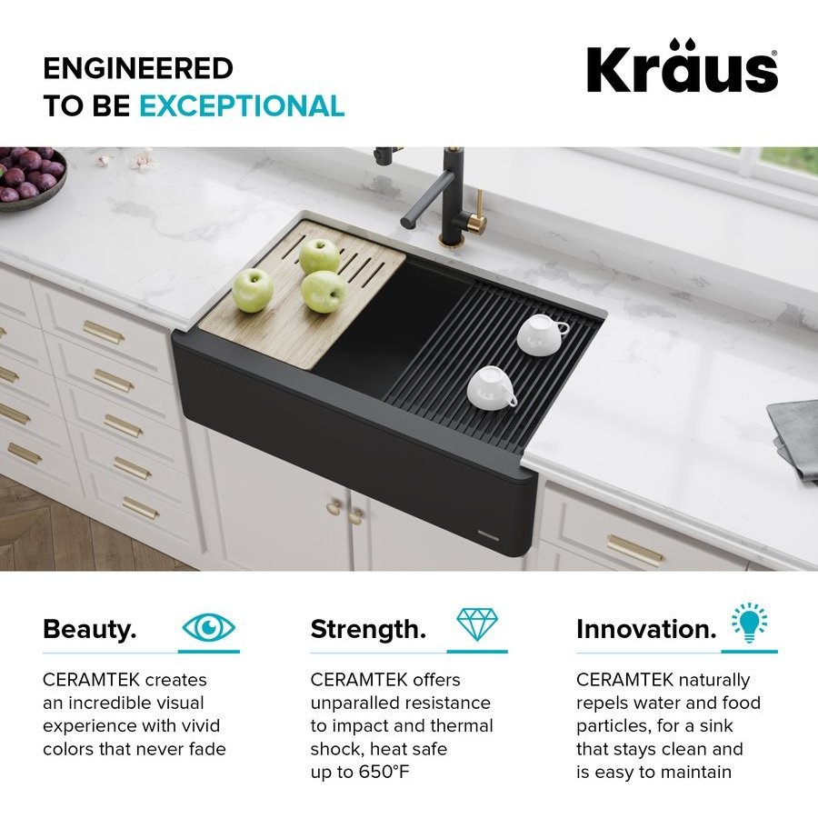 KRAUS Bellucci 33-inch Granite Quartz Composite Farmhouse Flat Apron Front  Single Bowl Kitchen Sink with CeramTek in White 