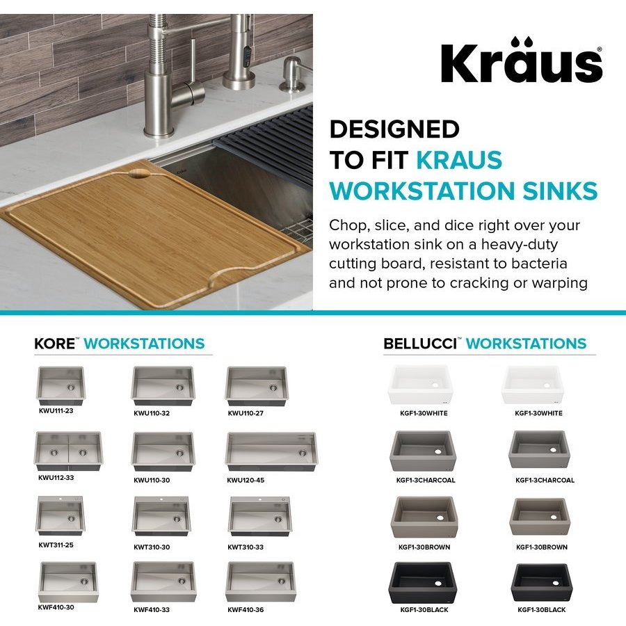 KRAUS Workstation Kitchen Sink 16 Solid Bamboo Cutting Board