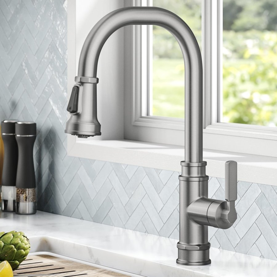 Kraus Inch Allyn Transitional Industrial Pull Down Single Handle Kitchen Faucet Spot