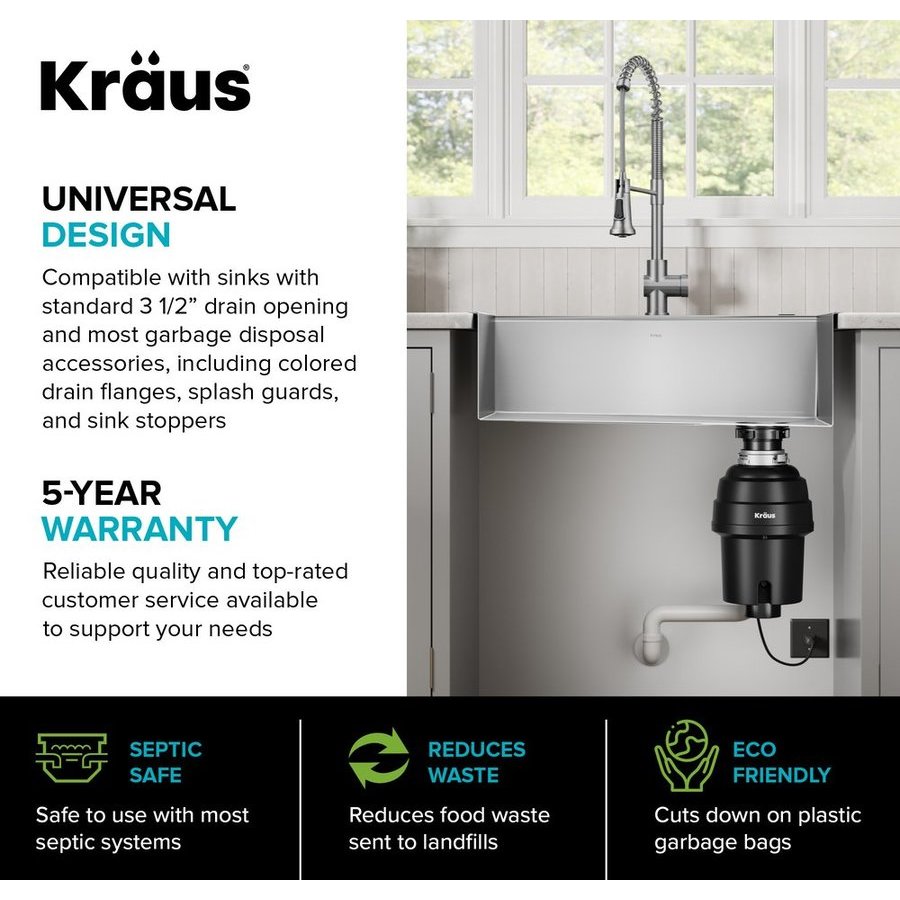 Kraus KWD100-100MBL WasteGuard HP Continuous Feed Garbage Disposal with Ultra-Quiet Motor for Kitchen Sinks with Power Cord and Flange Included, 16 - 4