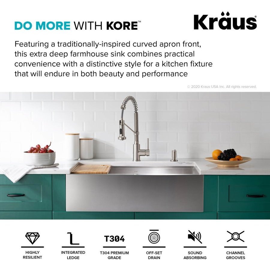 Kraus 27 Kore Farmhouse Apron Front Workstation Stainless Steel Single Bowl Kitchen Sink with Accessories - 16 Gauge | KWF210-27