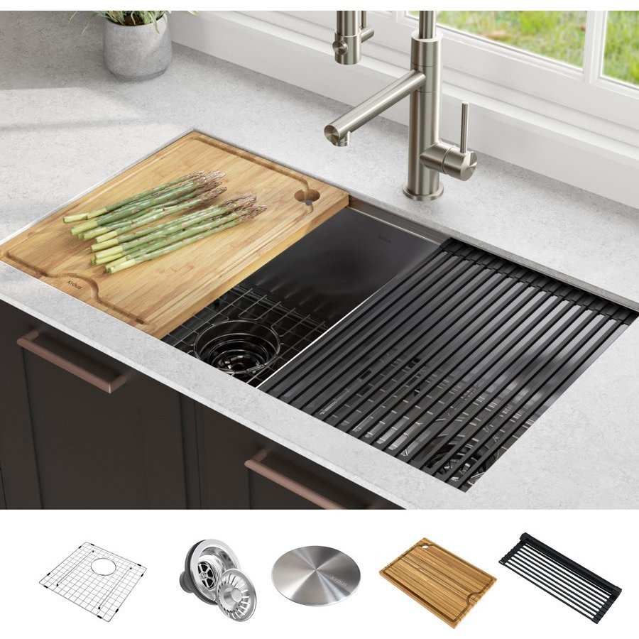 33 in. Undermount Double Bowl Gunmetal Black Stainless Steel Kitchen Sink with Rolling Drying Rack